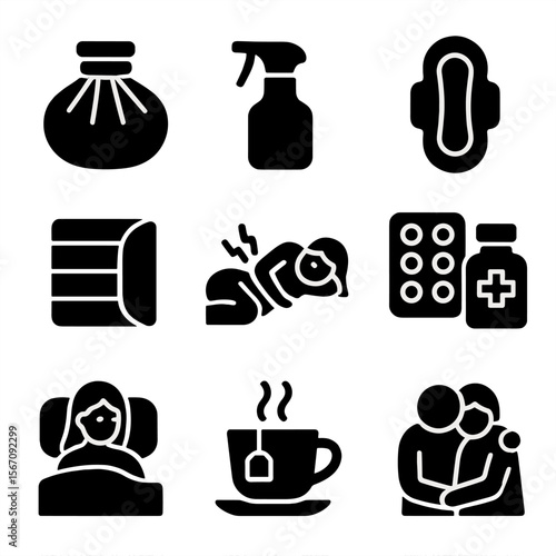 Postpartum Recovery Icons. Solid, filled icon set of postpartum recovery: ice pack, perineal bottle, maternity pad, belly binder,