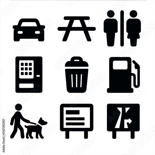 Highway Rest Stop Icons. Solid, filled icons set of highway rest stop scene: parked car, picnic table,