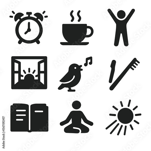 Morning Essentials Icons. Solid, filled icon set of morning beginnings: alarm clock, coffee cup, stretching figure, sunrise