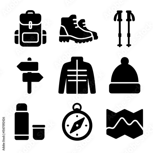 Hiking Gear Icons. Solid, filled icons set of trail hiking in cold weather: backpack, hiking boots, trekking
