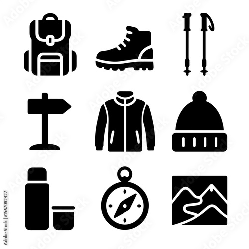 Hiking Gear Icons. Solid, filled icons set of trail hiking in cold weather: backpack, hiking boots, trekking