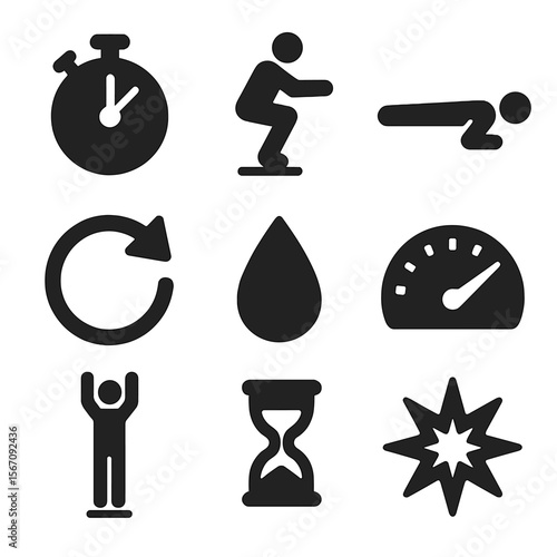 HIIT Icons Collection. Solid, filled icons set of high-intensity interval training (HIIT): stopwatch, jump