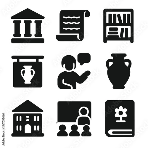 Historical Icons Grid. Solid, filled icons set of historical preservation and education: museum icon, ancient