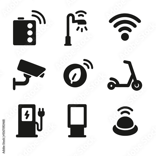 Smart City Icons. Solid, filled icon set of smart city technology: traffic sensor, smart streetlight, public Wi-Fi, surveillance