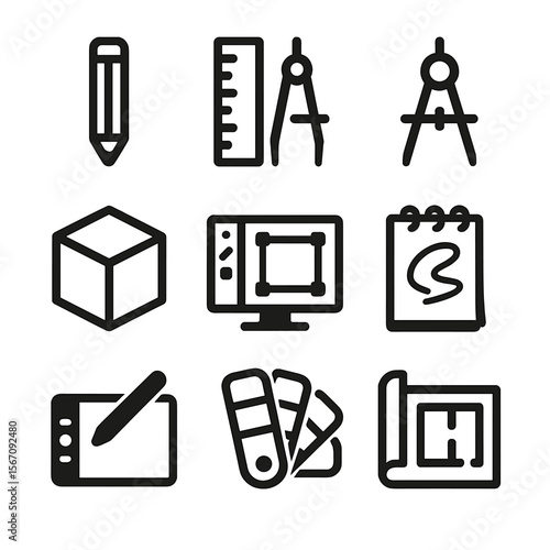 Product Design Icons. Solid, filled icon set of product design tools: pencil, ruler, compass, 3D model, software, sketchpad,