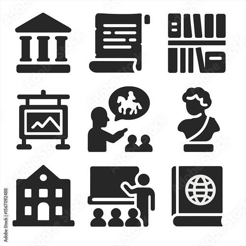 Historical Icons Grid. Solid, filled icons set of historical preservation and education: museum icon, ancient