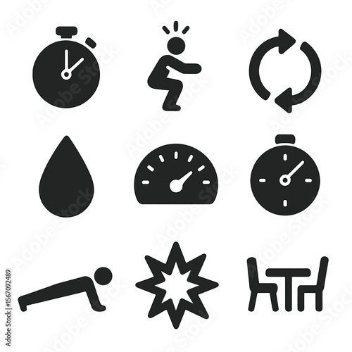 HIIT Icons Collection. Solid, filled icons set of high-intensity interval training (HIIT): stopwatch, jump