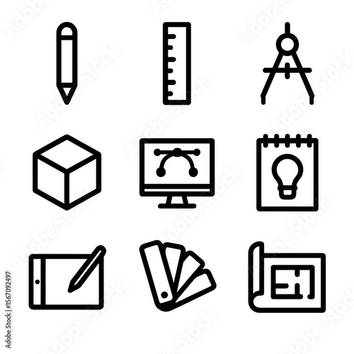 Product Design Icons. Solid, filled icon set of product design tools: pencil, ruler, compass, 3D model, software, sketchpad,