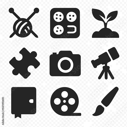Hobby Icon Grid. Solid, filled icons set of hobby-based online meetups: knitting needles, baking tray, plant