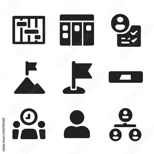 Project Management Icons. Solid, filled icon set of project management: gantt chart, kanban board, task assignment, deadline,