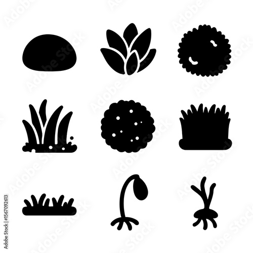 Moss Texture Icons. Solid, filled icon set of moss textures: soft cushion, leafy moss, fuzzy patch, wet moss, dry moss, dense
