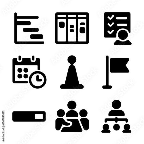 Project Management Icons. Solid, filled icon set of project management: gantt chart, kanban board, task assignment, deadline,