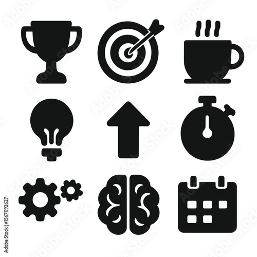 Motivation Icon Set. Solid, filled icon set of motivation and focus: trophy, target, coffee cup, light bulb, upward arrow,