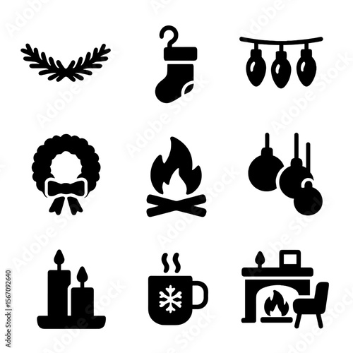 Holiday Fireplace Icons. Solid, filled icons set of holiday fireplace décor: pine garland, stocking hook,