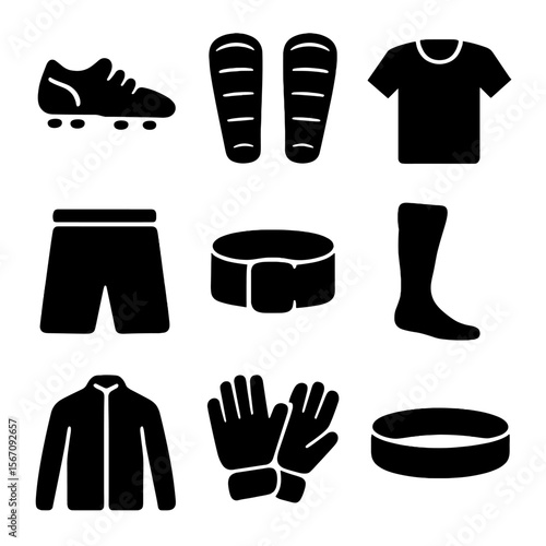 Soccer Gear Icons. Solid, filled icon set of soccer gear and apparel: cleats, shin guards, jersey, shorts, socks, captain armband,