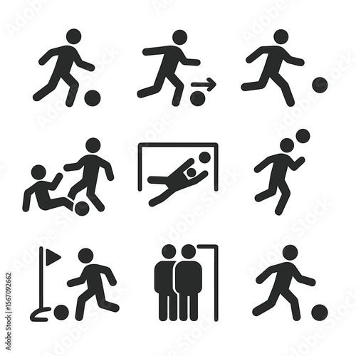 Soccer Action Icons. Solid, filled icon set of soccer match actions: dribbling, passing, shooting, tackling, saving, header,