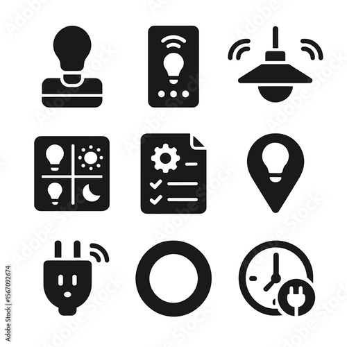 Home Automation Icons. Solid, filled icons set of home automation with bulbs: smart bulb hub, app control