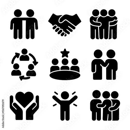 Social Inclusion Icons. Solid, filled icon set of social inclusion: friendship, handshake, group hug, diversity circle, teamwork,