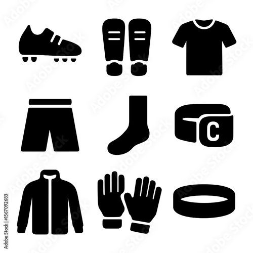 Soccer Gear Icons. Solid, filled icon set of soccer gear and apparel: cleats, shin guards, jersey, shorts, socks, captain armband,