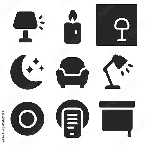 Home Ambiance Icons. Solid, filled icons set of home ambiance settings: mood light icon, candle flicker,