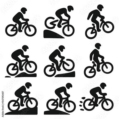 Mountain Biking Icons. Solid, filled icon set of mountain biking actions: pedaling, jumping, wheelie, cornering, braking, standing
