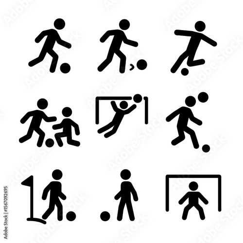 Soccer Action Icons. Solid, filled icon set of soccer match actions: dribbling, passing, shooting, tackling, saving, header,