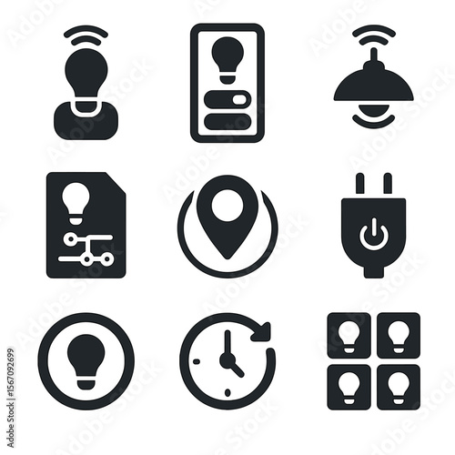 Home Automation Icons. Solid, filled icons set of home automation with bulbs: smart bulb hub, app control