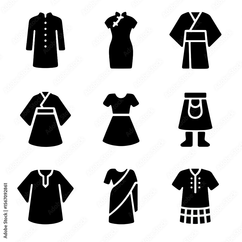 Multicultural Wedding Attire Icons. Solid, filled icon set of multicultural wedding attire: sherwani, qipao, kimono, hanbok, Multicultural Wedding Attire Icons. Solid, filled icon set of multicultural wedding attire: sherwani, qipao, kimono, hanbok,