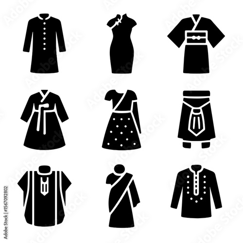 Multicultural Wedding Attire Icons. Solid, filled icon set of multicultural wedding attire: sherwani, qipao, kimono, hanbok,