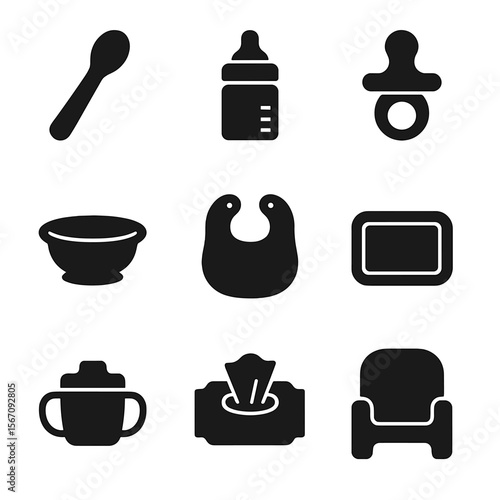 Soft Feeding Accessories Icons. Solid, filled icon set of soft feeding accessories: silicone spoon, BPA-free bottle, anti-colic