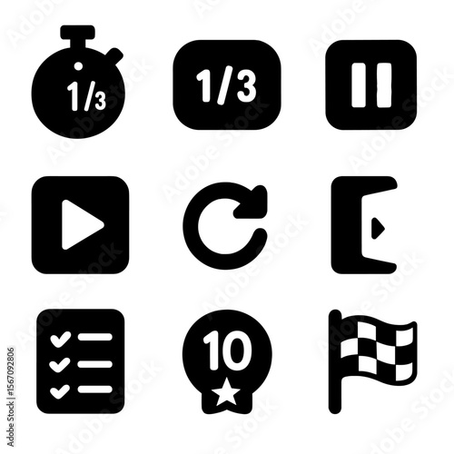 Quiz Progression Icons. Solid, filled icon set of quiz progression: timer, step counter, pause button, play button, refresh icon,