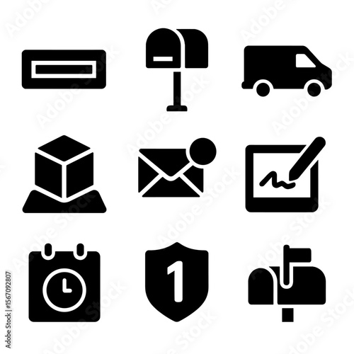 Home Mail Delivery Icons. Solid, filled icons set of home mail delivery: letter slot, residential mailbox,