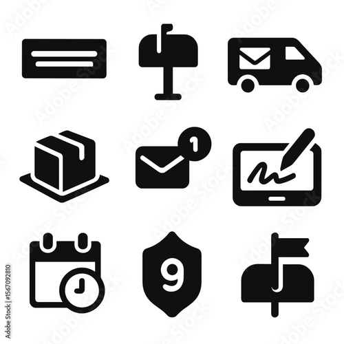 Home Mail Delivery Icons. Solid, filled icons set of home mail delivery: letter slot, residential mailbox,