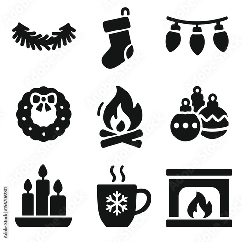 Holiday Fireplace Icons. Solid, filled icons set of holiday fireplace décor: pine garland, stocking hook,