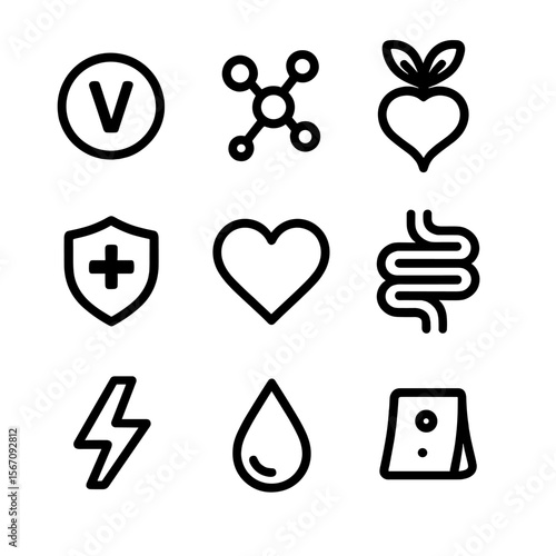 Radish Health Icons. Solid, filled icon set of Radish nutrition and health: vitamin icon, antioxidant, fiber, immune boost, heart