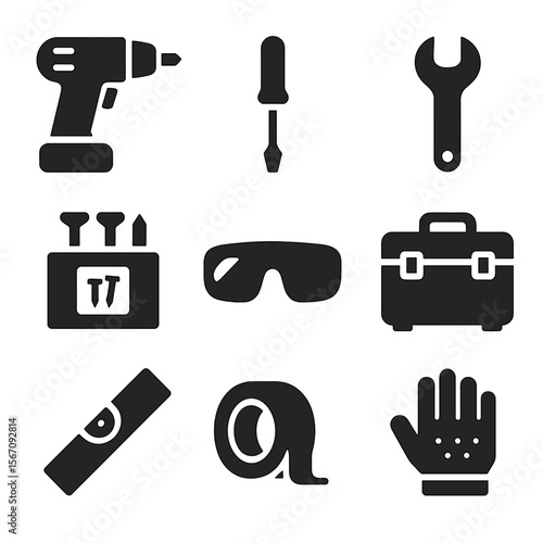 Home Improvement Tools Icons. Solid, filled icons set of home improvement tools: cordless drill, screwdriver,