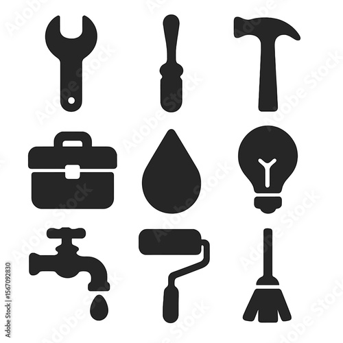 Home Maintenance Icons. Solid, filled icons set of general home maintenance: wrench icon, screwdriver icon,
