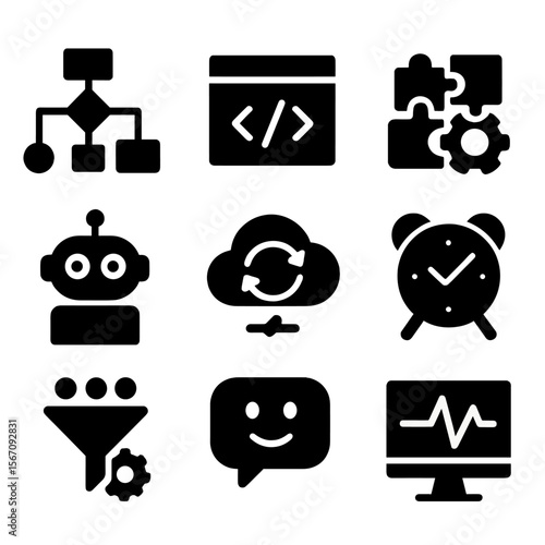 Software Automation Icons. Solid, filled icon set of software automation: workflow diagram, script code, API integration,