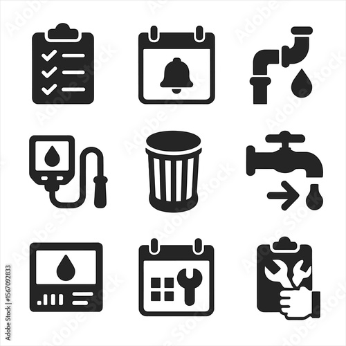 Home Maintenance Icons. Solid, filled icons set of home maintenance icons: checklist, calendar reminder, leak