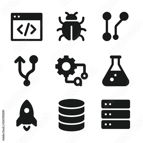 Software Development Icons. Solid, filled icon set of software development: code window, bug icon, version control, pull request,