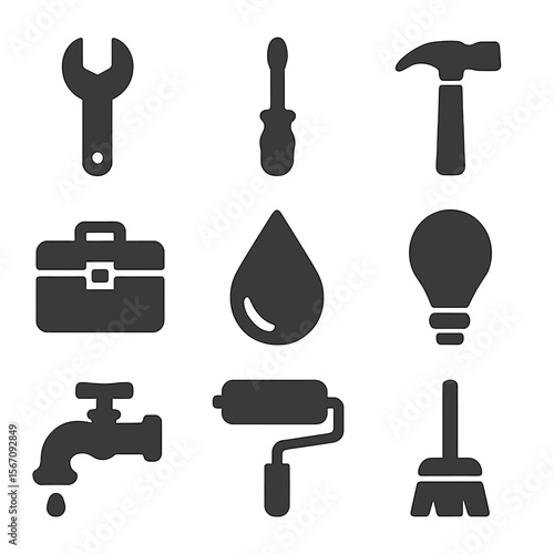 Home Maintenance Icons. Solid, filled icons set of general home maintenance: wrench icon, screwdriver icon,