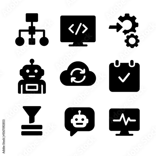 Software Automation Icons. Solid, filled icon set of software automation: workflow diagram, script code, API integration,