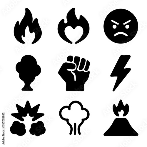 Icons of Rage. Solid, filled icon set of flames as metaphor for anger: fire, burning heart, angry face, smoke plume, clenched fist