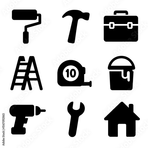 Home Maintenance Icons. Solid, filled icons set of home maintenance help: paint roller, hammer, toolbox,