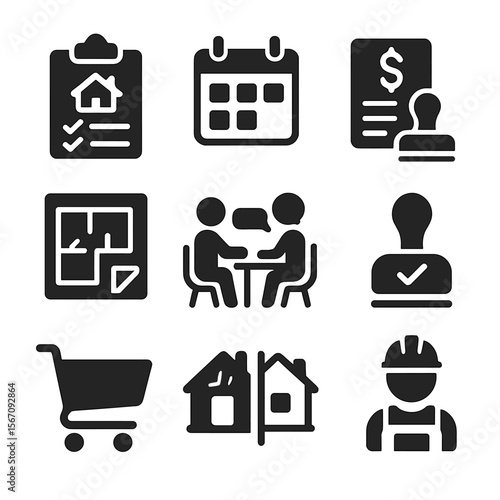 Home Makeover Icons. Solid, filled icons set of home makeover planning: renovation checklist, calendar icon,