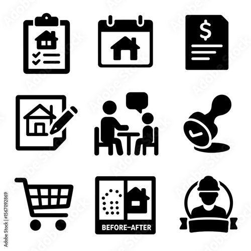 Home Makeover Icons. Solid, filled icons set of home makeover planning: renovation checklist, calendar icon,