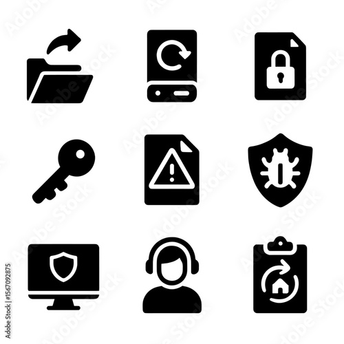 Ransomware Recovery Icons. Solid, filled icon set of ransomware recovery strategies: data restore, system backup, encrypted file,