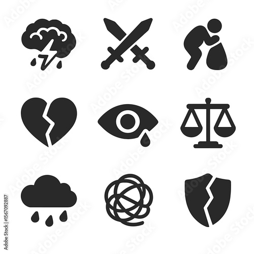 Soldier's Mental Icons. Solid, filled icon set of soldier’s mental struggle: brain with storm, crossed swords, heavy burden,