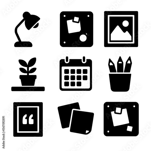 Home Office Icons. Solid, filled icons set of home office with creative decor: desk lamp, pinboard, art poster
