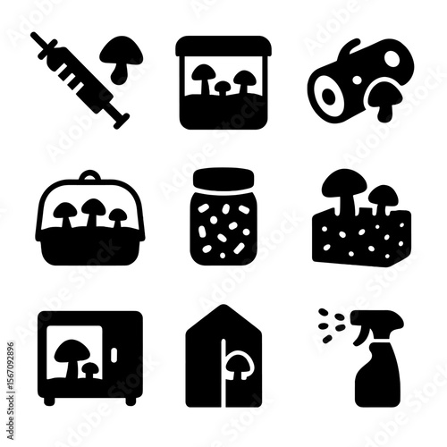 Mushroom Cultivation Icons. Solid, filled icon set of mushroom cultivation basics: spore syringe, grow kit, inoculated log,
